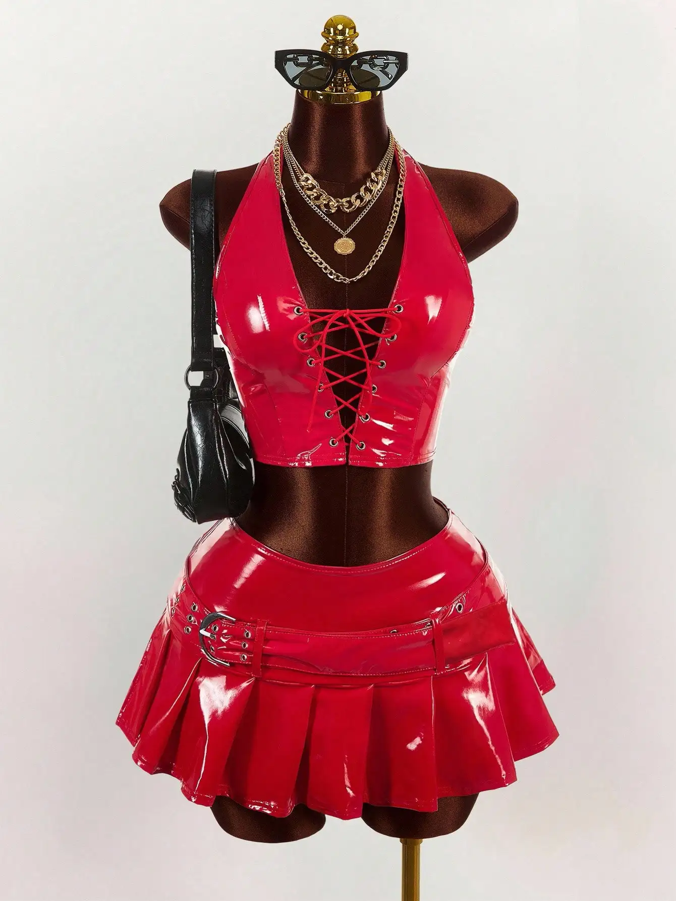 

Red Glossy PU 2-Piece Set: Lace-Up Halter Top & Pleated Mini Skirt