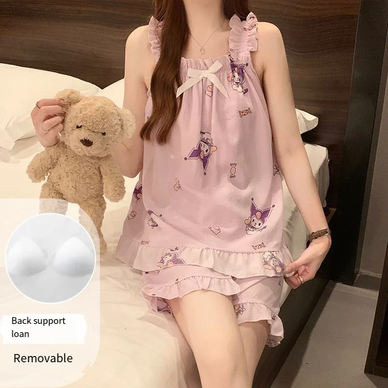 

Сексуальная ночная сорочка Sanrio Kuromi для женщин, летняя пижама с шортами, безрукавка, милая мультяшная ночнушка, домашний комплект