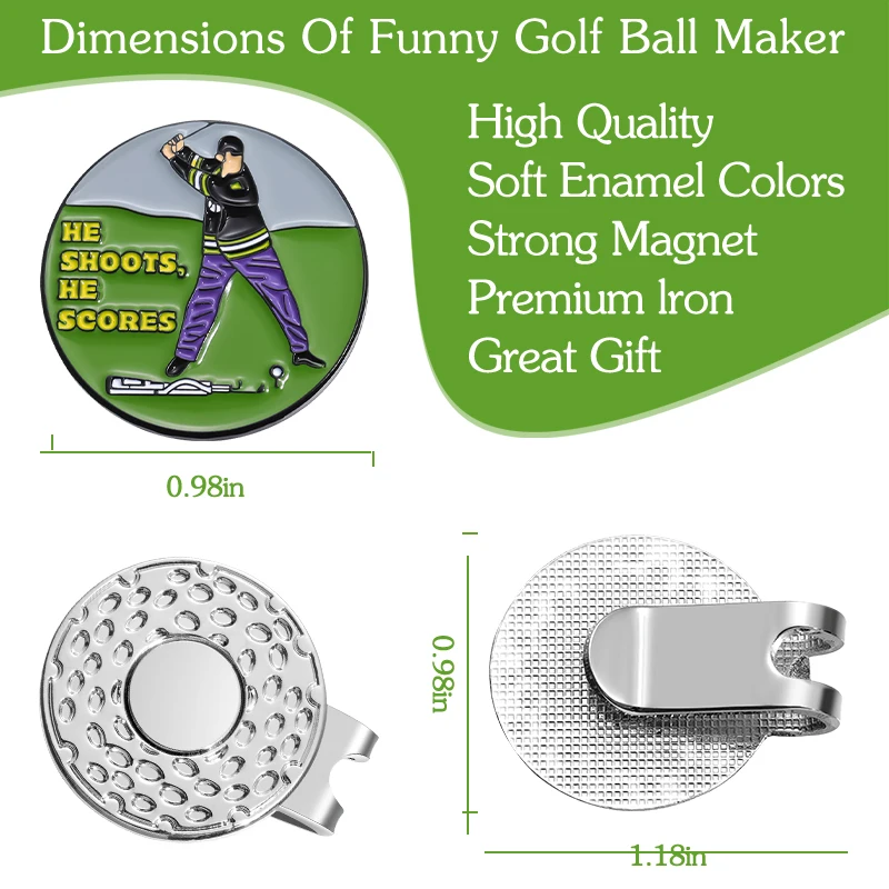 He Shoots He Scores Golf Ball Marker Magnetic Golf Hat Clip Metal Attaches Enamel Clips Golf Training Aids Accessories for Gift