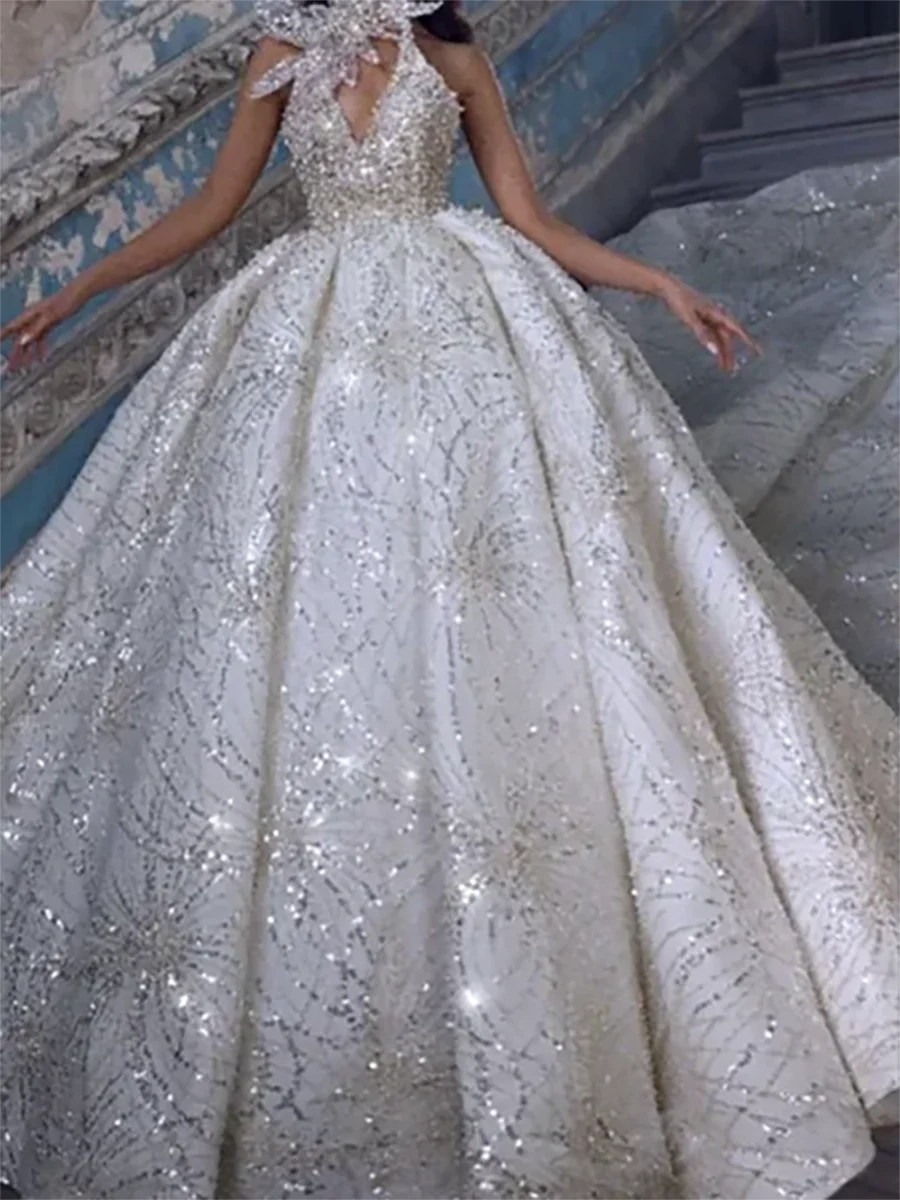 

Luxury Sequined Sparkly Beading Sleeveless Pleat A-Line Wedding Dresses Bridal Gowns Customized