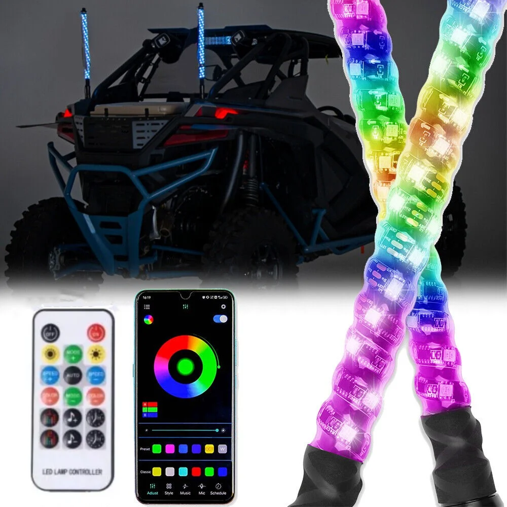 

2PCS 1FT LED Whip Lights Bluetooth App Remote Control Flagpole Antenna Whips Lights Colorful Spiral LED Lamp for RZR ATV Truck