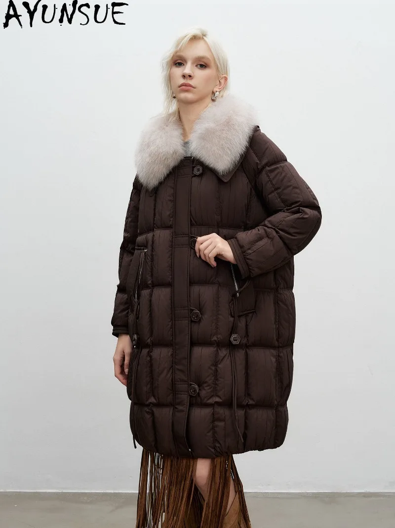 AYUNSUE 90% White Goose Down Coat Women Winter Clothes Mid-Length Real Fox Fur Square CollarJacket Loose Fit Chaqueta Mujer