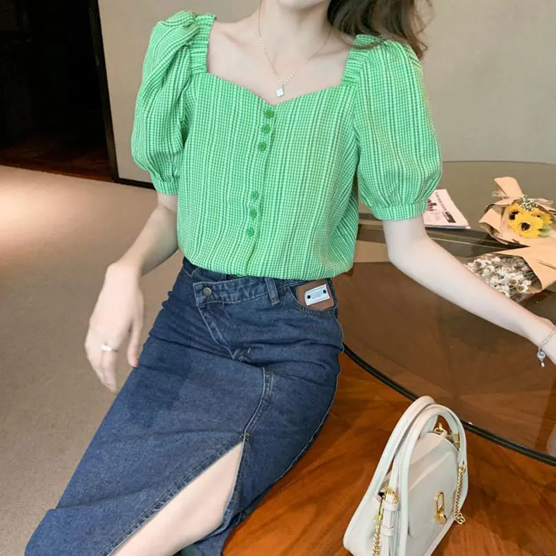 Women Summer New Style Fashion Simplicity Plaid Square Collar Short Sleeve Shirts Women Clothes Vintage All-match Loose Tops