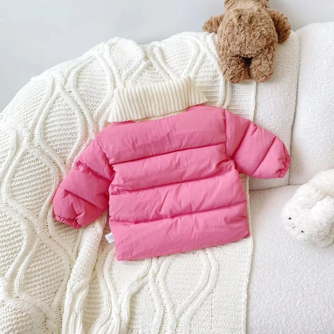 Sweet Rose Girls Cotton Jacket Winter Knitted Collar Patchwork Cotton Padded Coat Thick Warm Kids Outerwear image 2