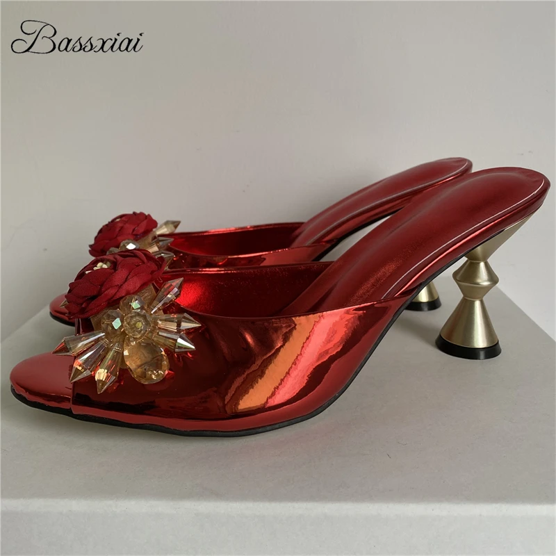 

Crystal Flower Decor Modern Sandals Women Luxury Patent Leather Unique Metal Strange Heel Slim Summer Shoes