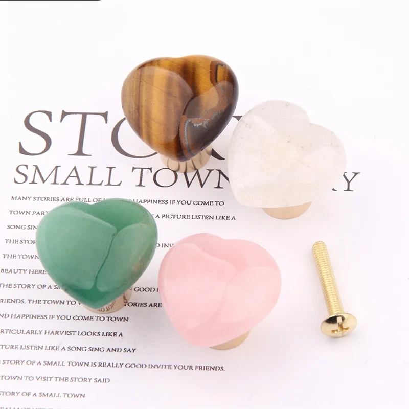 30mm Pink Heart Furniture Handle Natural Crystal Brass Door Drawer Knobs Small Pulls For Kitchen Wine Cabinet Cupboard Wardrobe