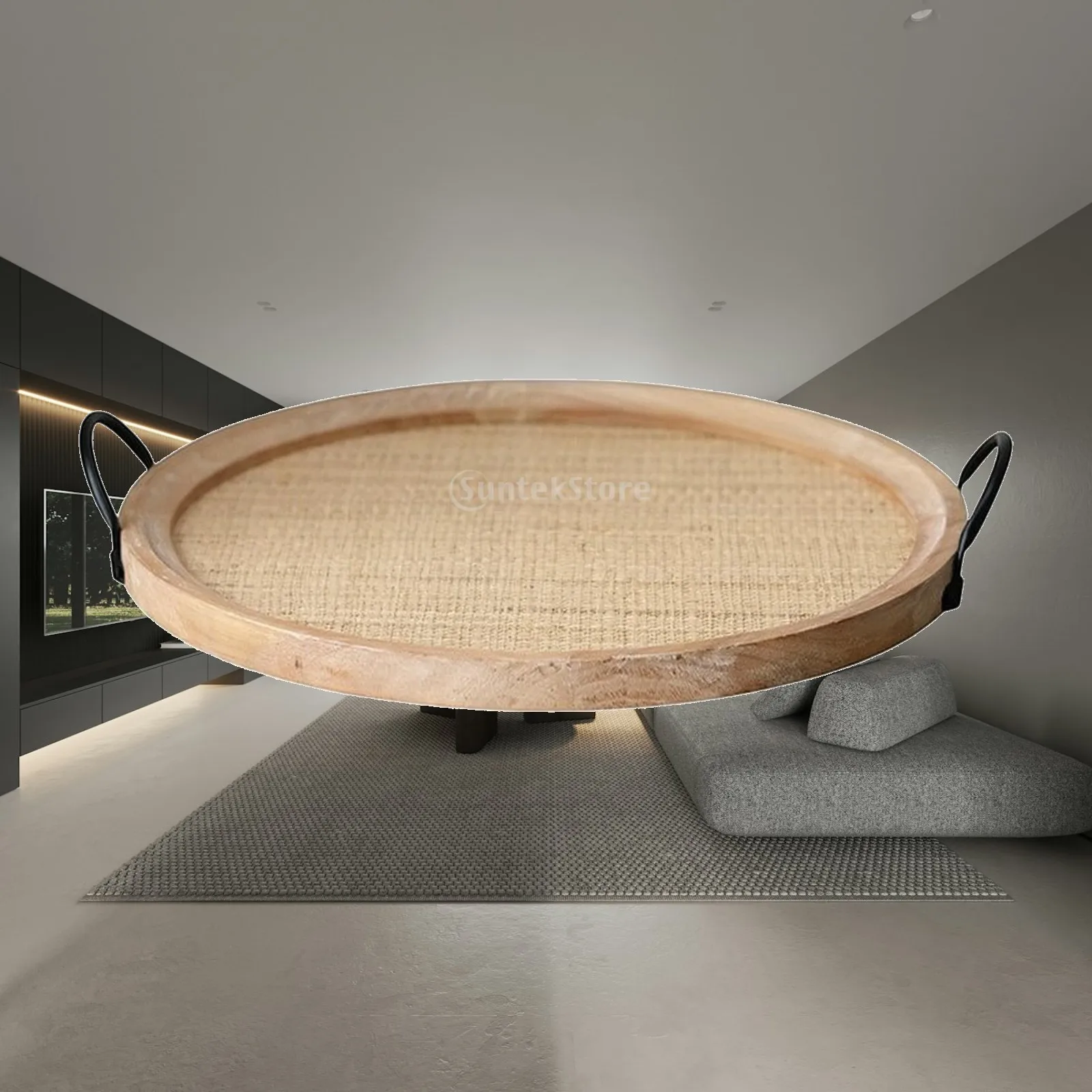 Plateau rond en rotin et bois naturel avec poignées pour servir des boissons, plateau décoratif pour centre de table et décoration de table à manger