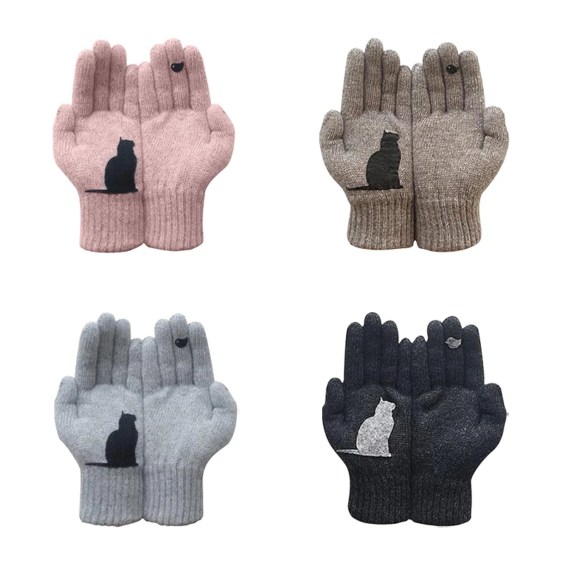 Guantes con funda de Animal para exteriores, guantes de punto de lana estampados, antifrío, cálido, gato, pájaro, Otoño e Invierno