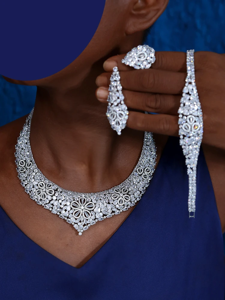 

Luxury Jewelry Sets For Women Cubic Zirconia Inlaid Flower Necklace Bracelet Earrings Dubai Bridal Indian Wedding Accessories
