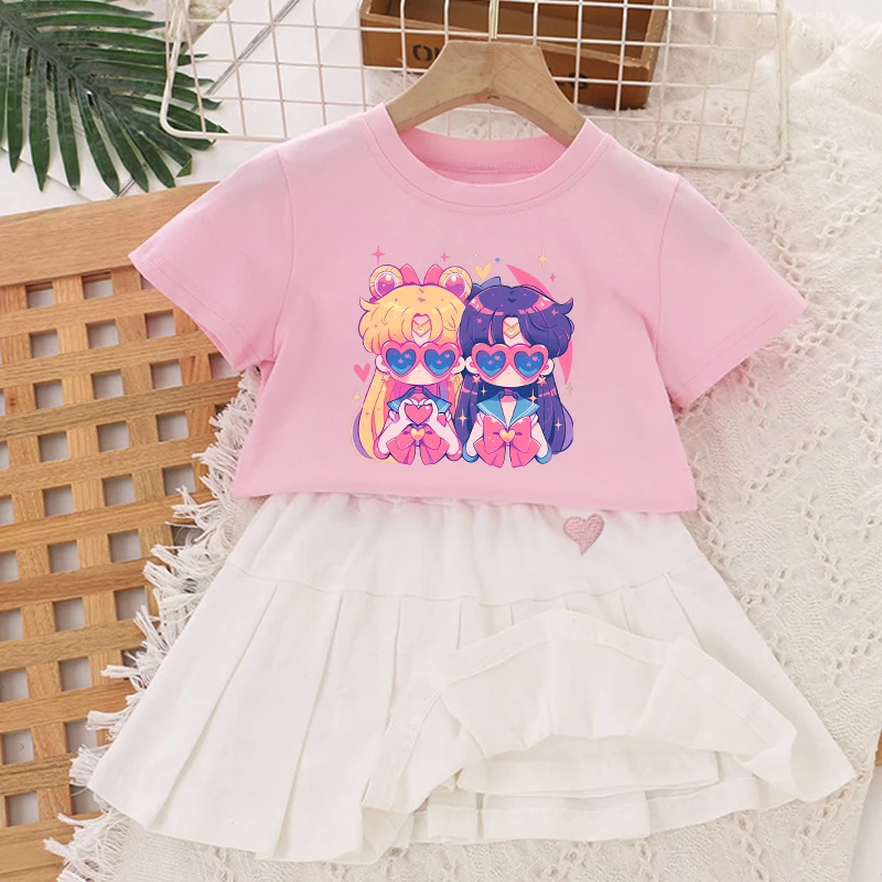 Conjunto de Falda Plisada de Manga Corta de Sailor Moon para Niña, Camiseta y Falda, 2 Piezas, Traje Kawaii para Bebé, Ropa Infantil, Regalo de Cumpleaños