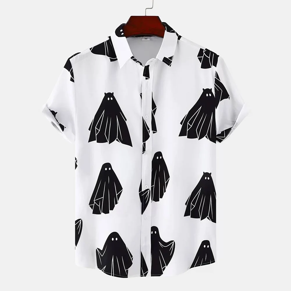 2024 Men's Casual Short Sleeve Shirt Summer 3D Ghost Print Shirt Beach Button Short Sleeve T Shirt Breathable Lapel Streetwear