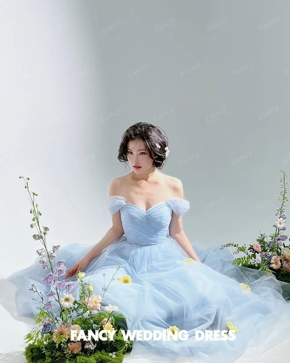 Fancy Fairy Light Blue Off Shoulder Wedding Dress Korea Photo Shoot A Line Soft Tulle Bridal Gown Back Corset 웨딩드레스 customized