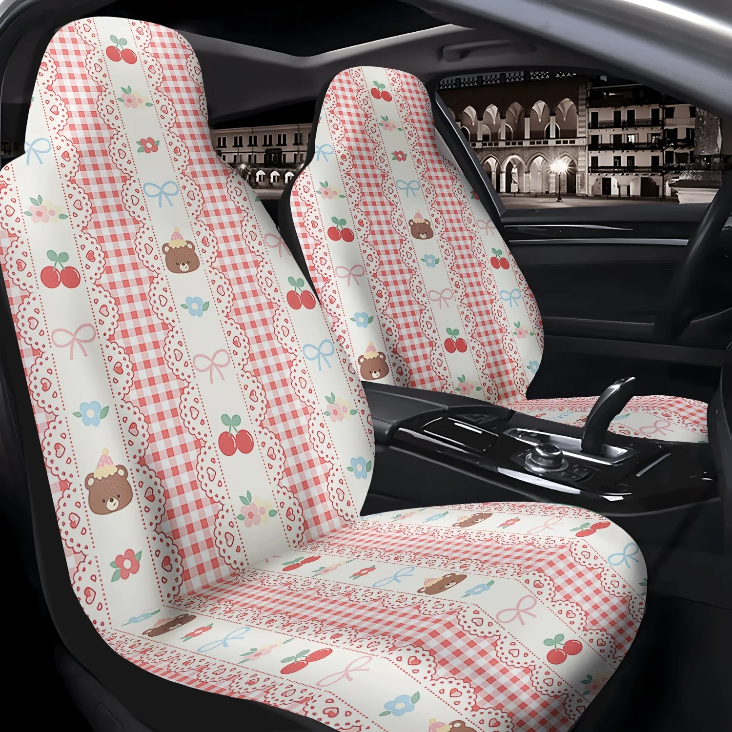 2pcs Bear Cherry Plaid Pattern Car Seat Covers, Suitable For Front Seats, Easy To Install And Clean, Fits Cars, SUVs, Trucks, An