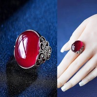 Natural Red Agate Ring Silver Retro Pattern Women's Jewelry Wide Edition Exquisite Adjustable Open Rings for Women Jewelry Gift