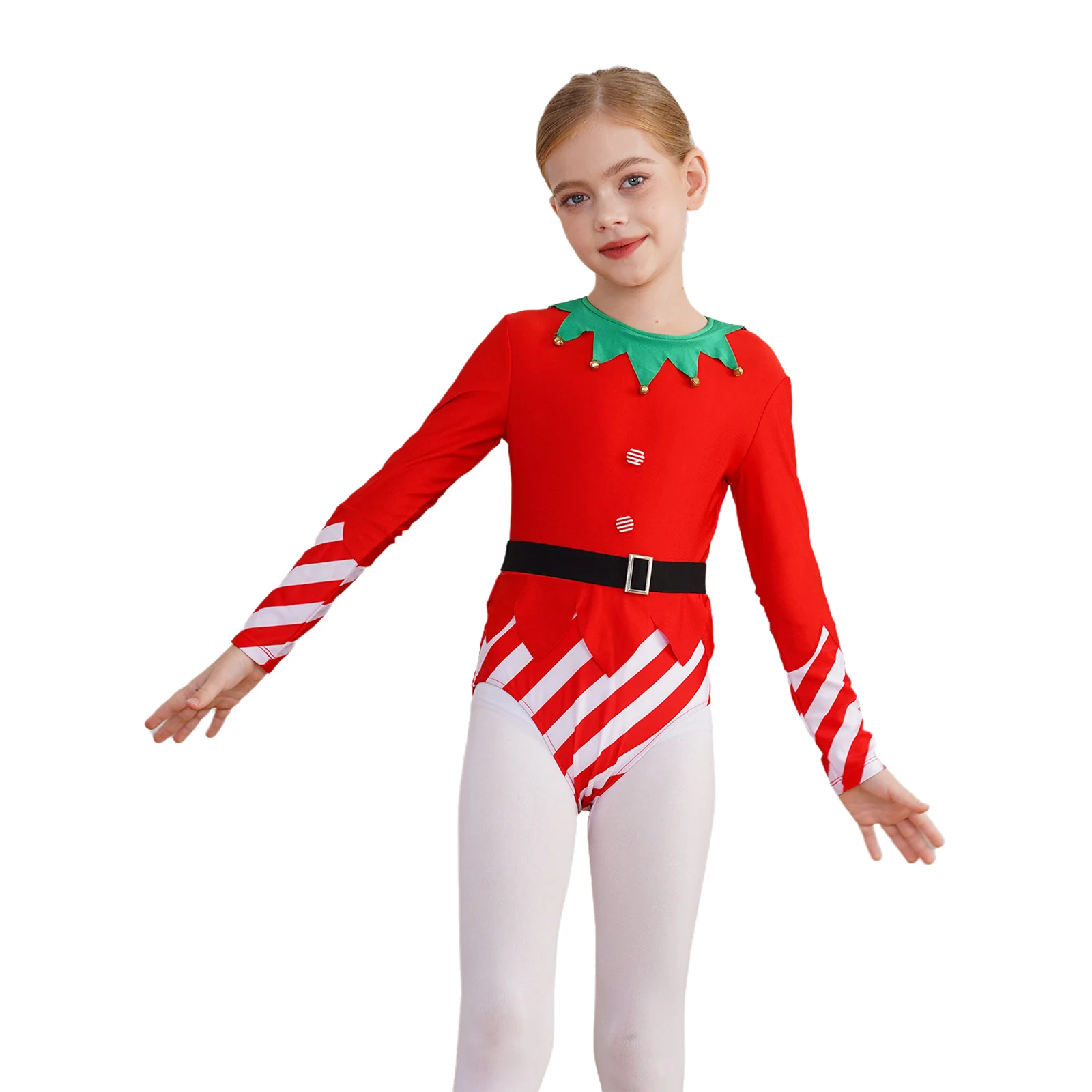 2025 New Year Gift Girls Christmas Costume Long Sleeve Stripes Dance Leotard Gymnastics Bodysuit with Belt Holiday Clothes