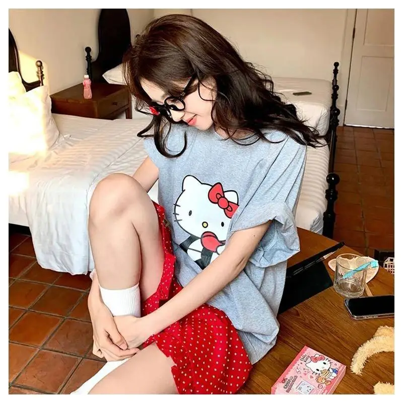 

Женский пижамный комплект Sanrio Hello Kitty, одежда для сна, хлопковая одежда для студентов, домашняя одежда для отдыха на открытом воздухе, милый японский стиль, новая летняя мода