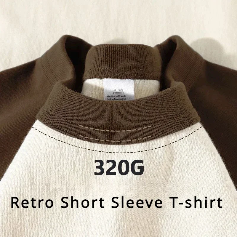 

Pop 320G Retro Short Sleeve T-shirt High Quality Cotton Contrast Round Neck Short Sleeve T-shirt Women MenHalf Sleeve Tee