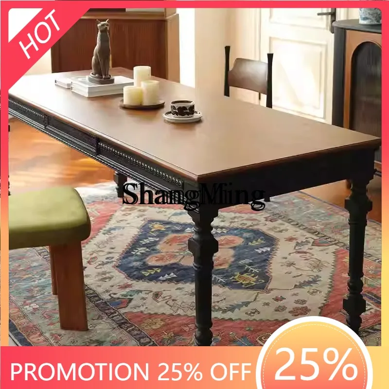 

FG wood dining table retro engraved two-color contrasting color rectangular table dining table