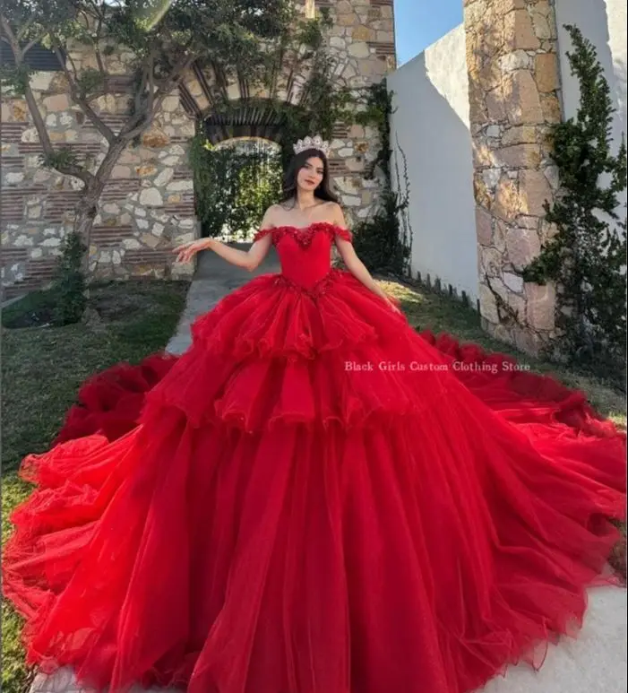 Red Princess Quinceanera Dress Cathedral Train Elegant One Shoulder Tulle Ruffle Decoration Mexico vestido debutante 15 anos