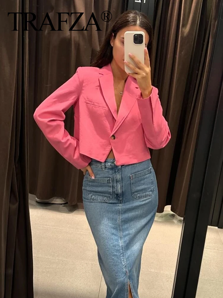 TRAFZA Casual Solid Women Short Blazer Fashion 2024 Spring Summer Office Lady Cropped Elegent Blazer Vintage Jacket Short Tops