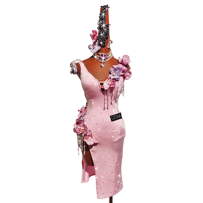 New Latin Dance Competition Performs Adult Girl Pink 3D Flower Pearl Sparkling Diamond Dance Dress