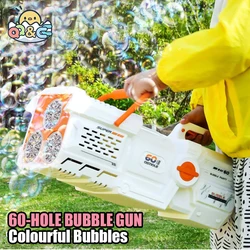 Soap Bubble Gun para crianças, máquina de bolhas de 60 buracos Foguete automático elétrico, brinquedo de casamento ao ar livre, luz LED, presentes do dia das crianças