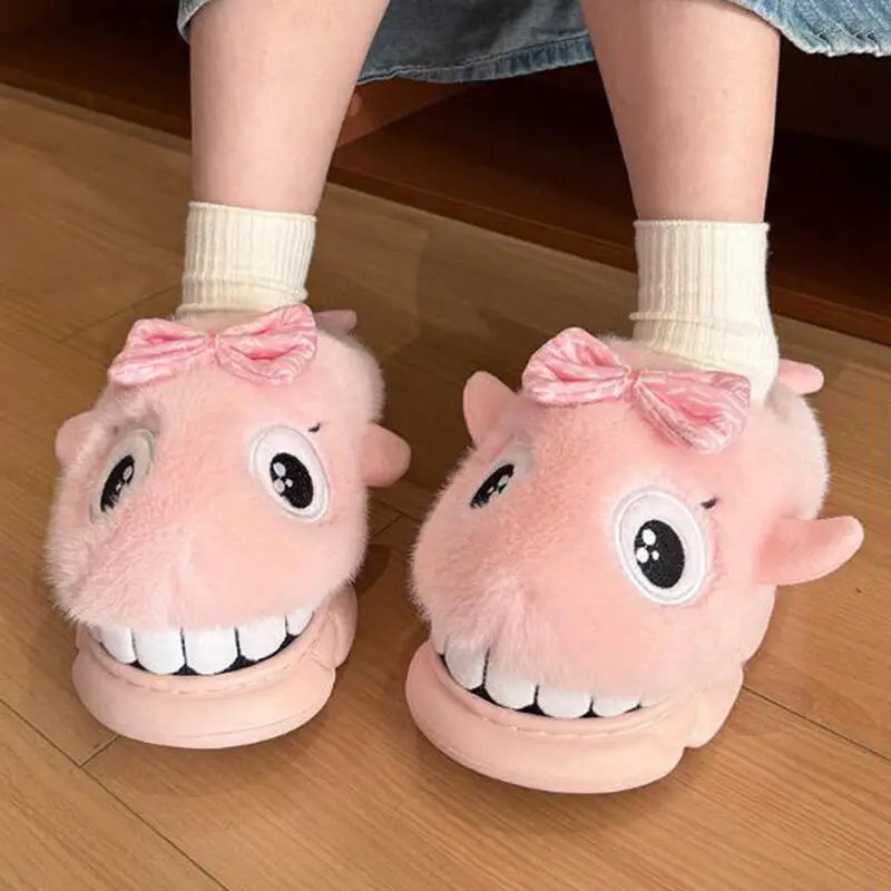 

Cute Cartoon Shark Furry Indoor Slippers Children 2025 Winter Soft Thick Bottom Bowknot Home Slippers Child Warm Plush Slides