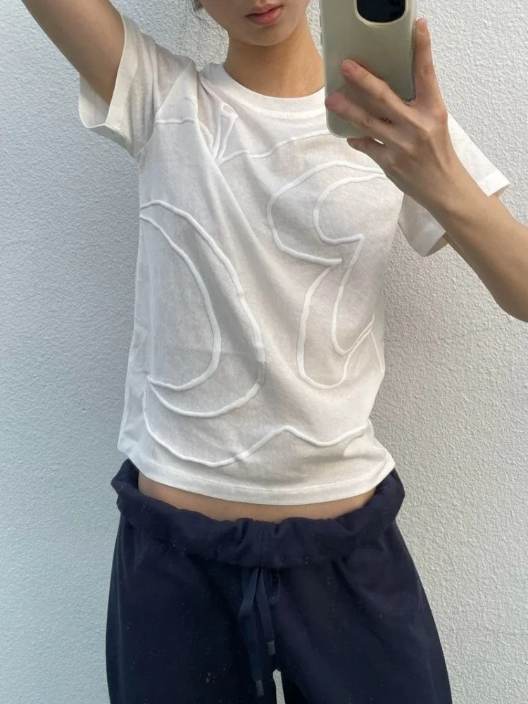 تي شيرت هاراجوكو كاجوال بطباعة بيضاء 2025 ملابس صيفية عتيقة بقصة ضيقة ملابس الجرونج ​ تيشيرتات نسائية بسيطة Y2k جمالية