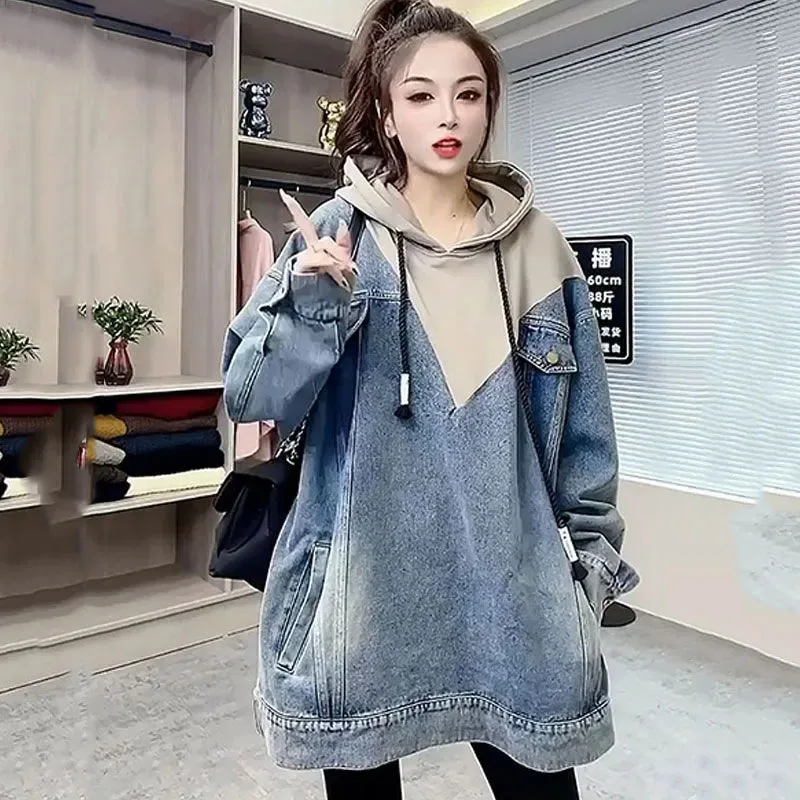 Oversized Female Hooded Denim Coat Spliced Pullover Hoodie Spring Autumn Loose Casual Long Motorcycle Jacket Fashion Womens Wear