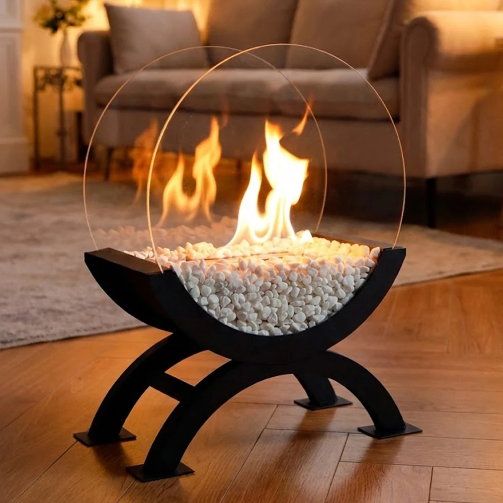 

Large Black Ethanol Fireplace Indoor Outdoor Decorative Floor Fireplace With White Stone
