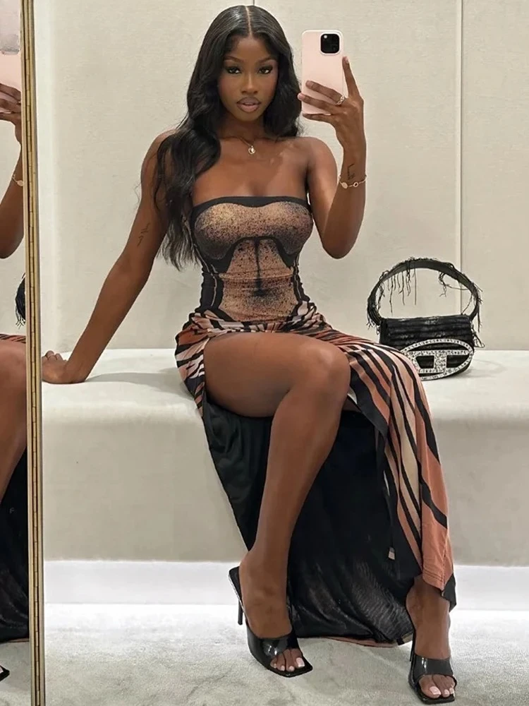 Strapless Women Sexy Dress Aesthetic Striped Print Sleeveless Peach Hip Midnight Club Streetwear Bodycon Vestidos