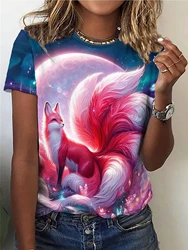 Moon Fox Print Crew Neck T-Shirt, Casual Short Sleeve Top For Spring & Summer, Women's Clothing