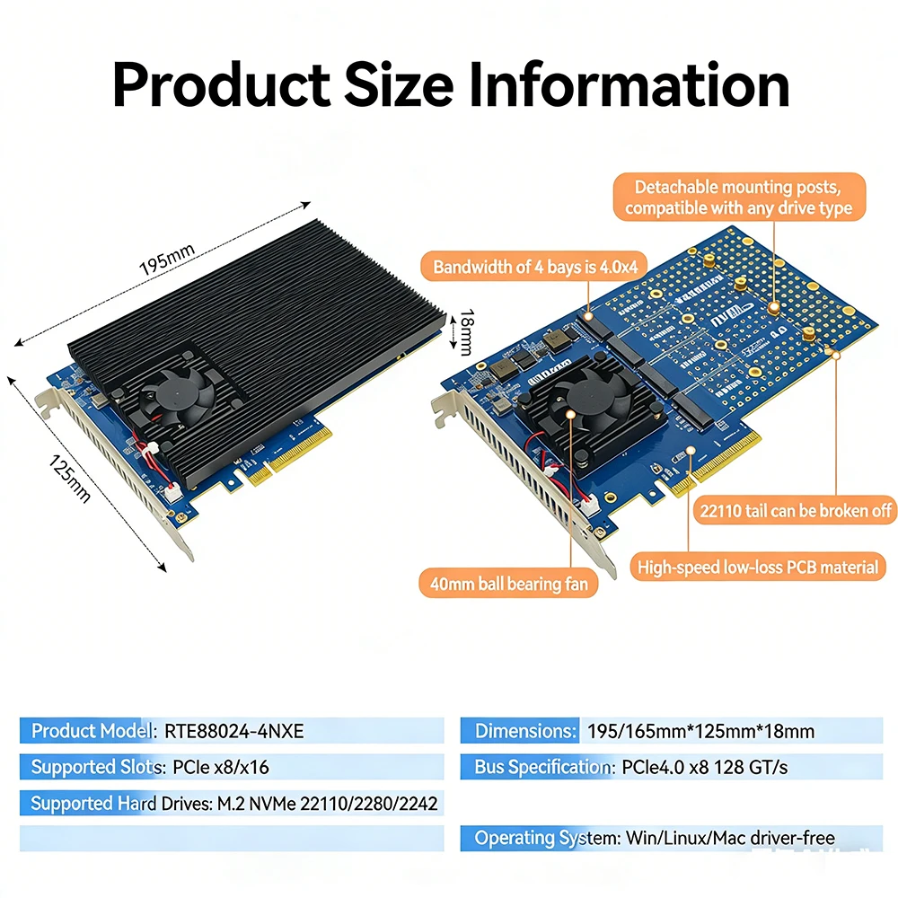 4 Bay / 4NXE PCIe 4.0 X8 To M.2 NVMe Expansion Adapter Card RTE88024 128GT/s 4-Drive Port for X8/x16 Slot 22110/2280/2242 SSD M2