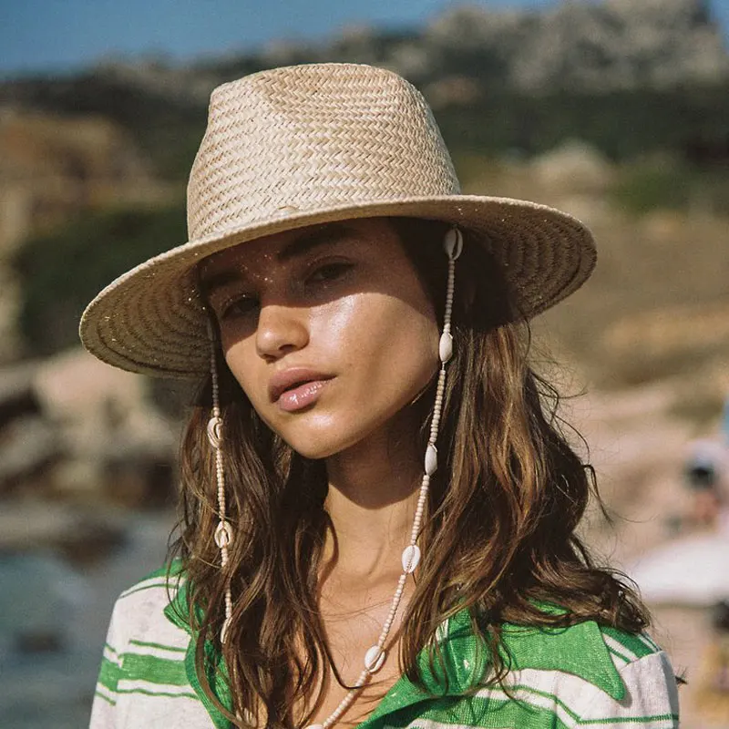 

2022 New Vintage Seashells Beaded Beach Panama Hats With Chain For Women Men Fashion Straw Woven Fedora Summer Holiday Sun Hat