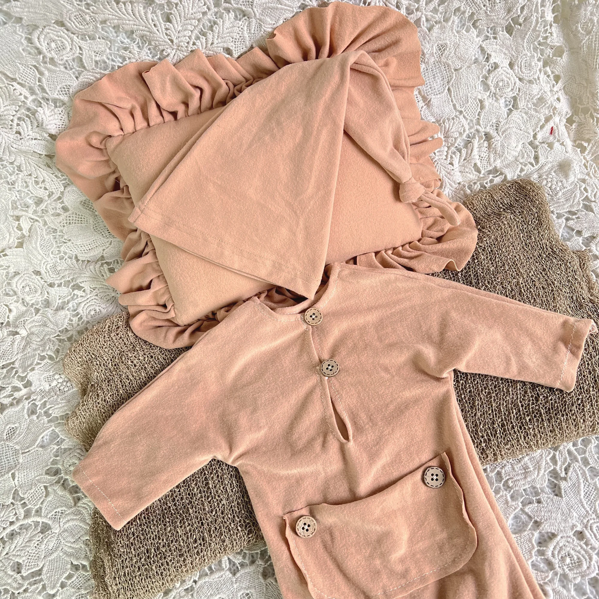 Long Sleeves Solid Color Pocket Soft Newborn Jumpsuitn Hat Wrap Pillow 4PCS/Lot Baby Boys Girls Bodysuits Photography Prop 2024