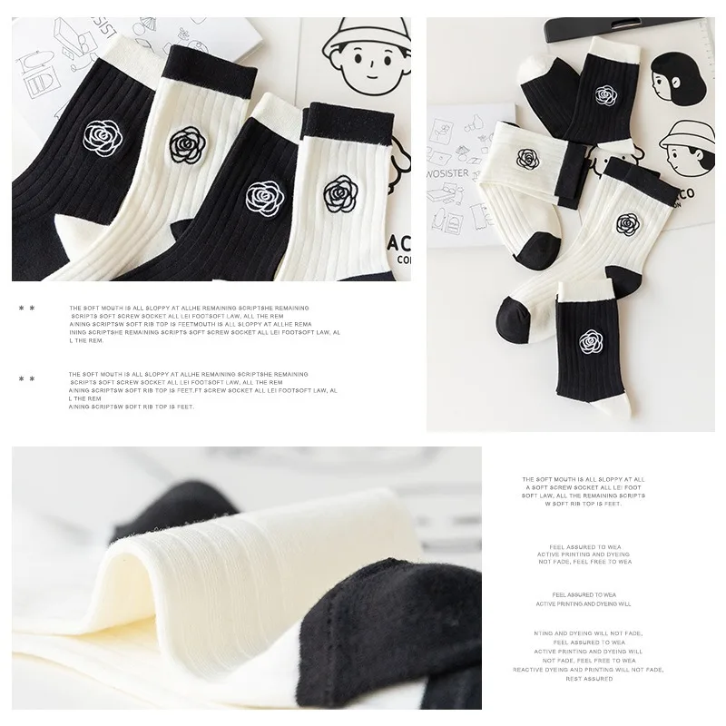 Japanese Embroidered Flowers Trendy Black Mid-tube Socks Korean Niche Retro All-match Sports Cotton Socks image 4