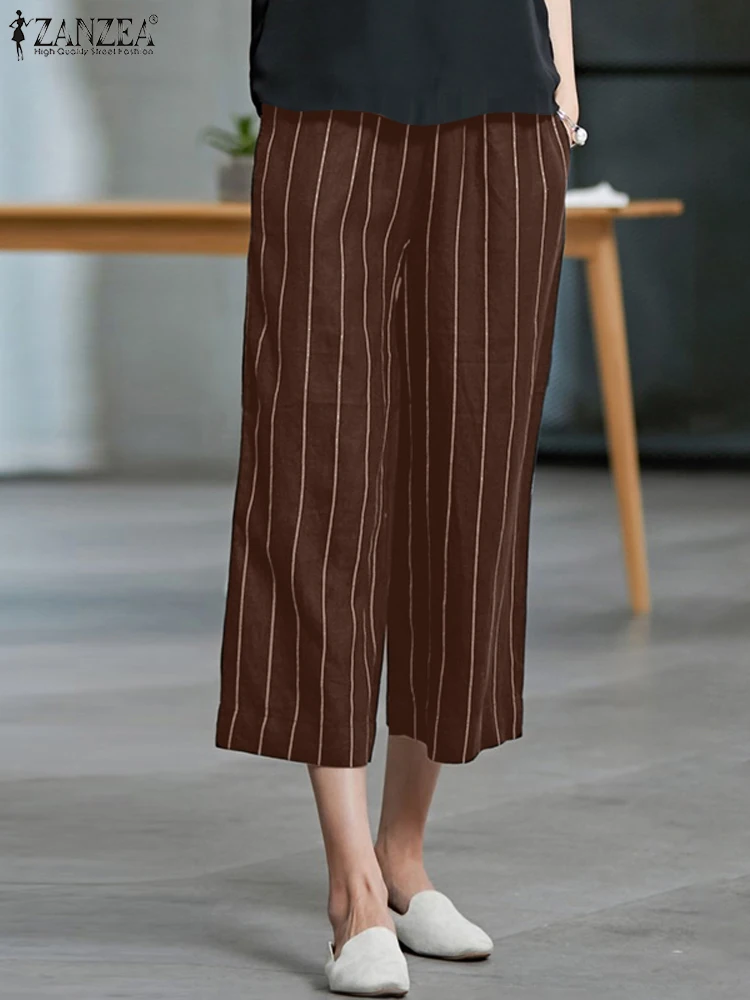 

ZANZEA Korean Casual Stripes Pants Women Summer Pocket Straight Pants 2024 Vintage Elastic Waist Work Pantalon Wide Leg Trousers