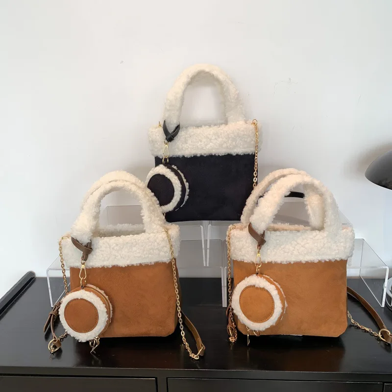 Handbag Bucket Bag Artificial Lamb Down Suede Bag for Women High-grade Sense Stitching Style Shoulder Trendy Crossbody All-match