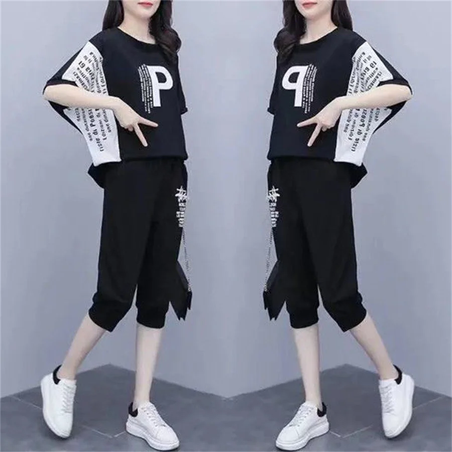 M-6XL Tracksuits Women Print Short Sleeve T-shirts and Pants Suits Casual Fashion Sport Set Elastic Waist Two Piece Sets