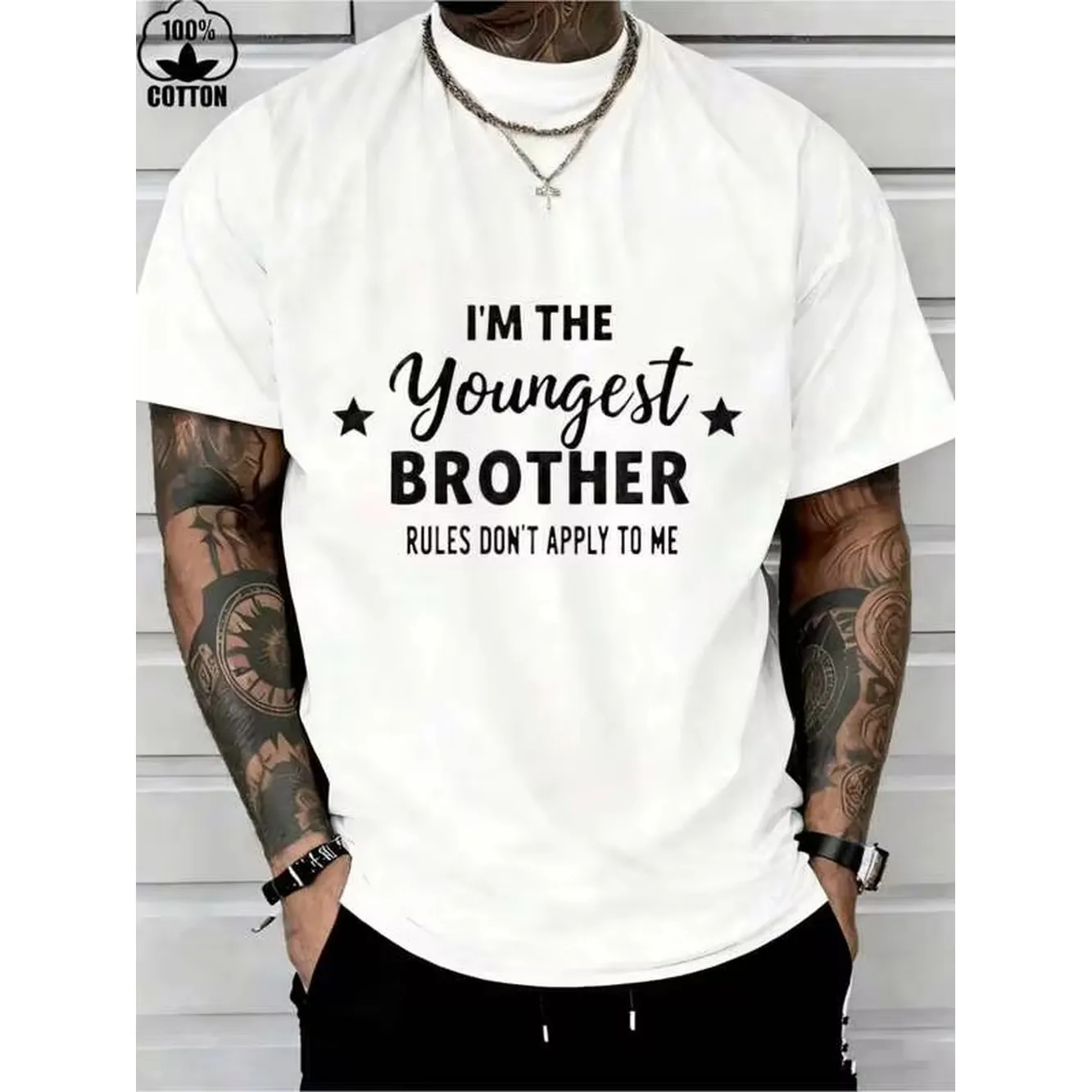 Men New Fashionable T-Shirt I M The Youngest Brother Rules Dont Apply Me T Shirt Men Funny Sibling Gift Crewneck Top Fun Printed Round Neck