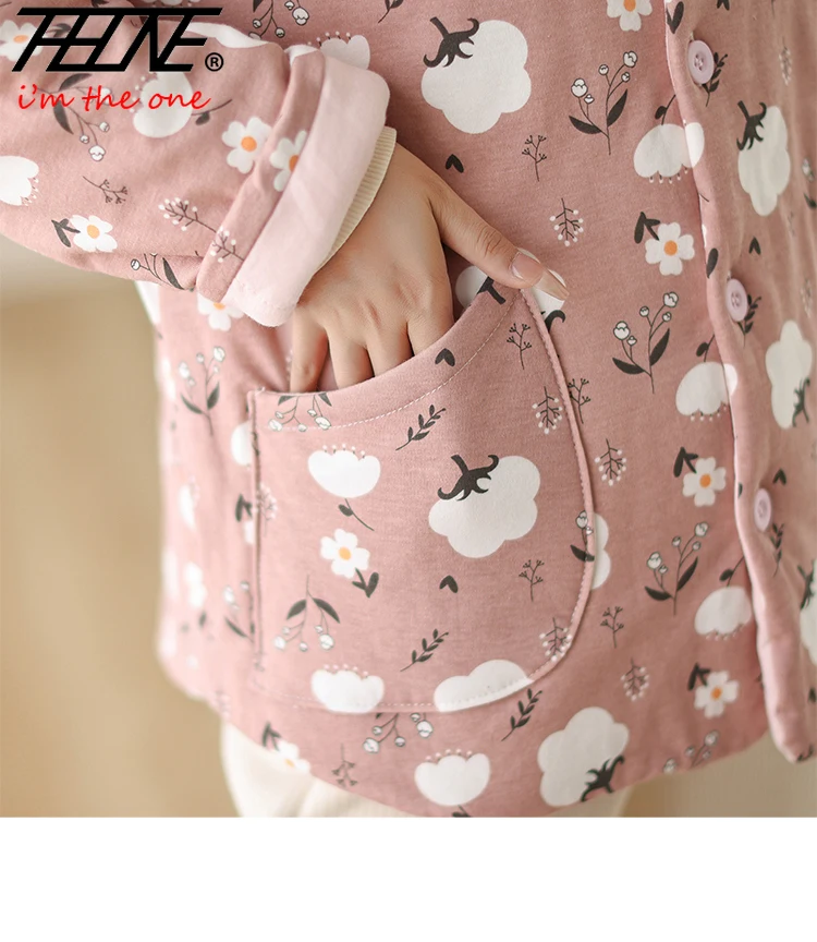 THHONE سترات شتوية سترات للنساء واحدة الصدر مبطن القطن الدافئة خمر طباعة الأزهار طويلة الأكمام معطف فضفاض ملابس خارجية