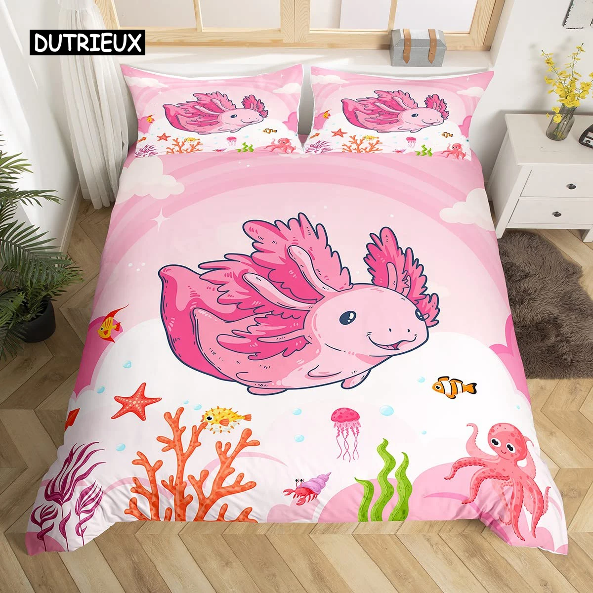 

Axolotl Duvet Cover Set Pink Newt Wildlife Comforter Cover with Pillowcases Cartoon Octopus Animal Kawaii Style Twin Quilt Cover