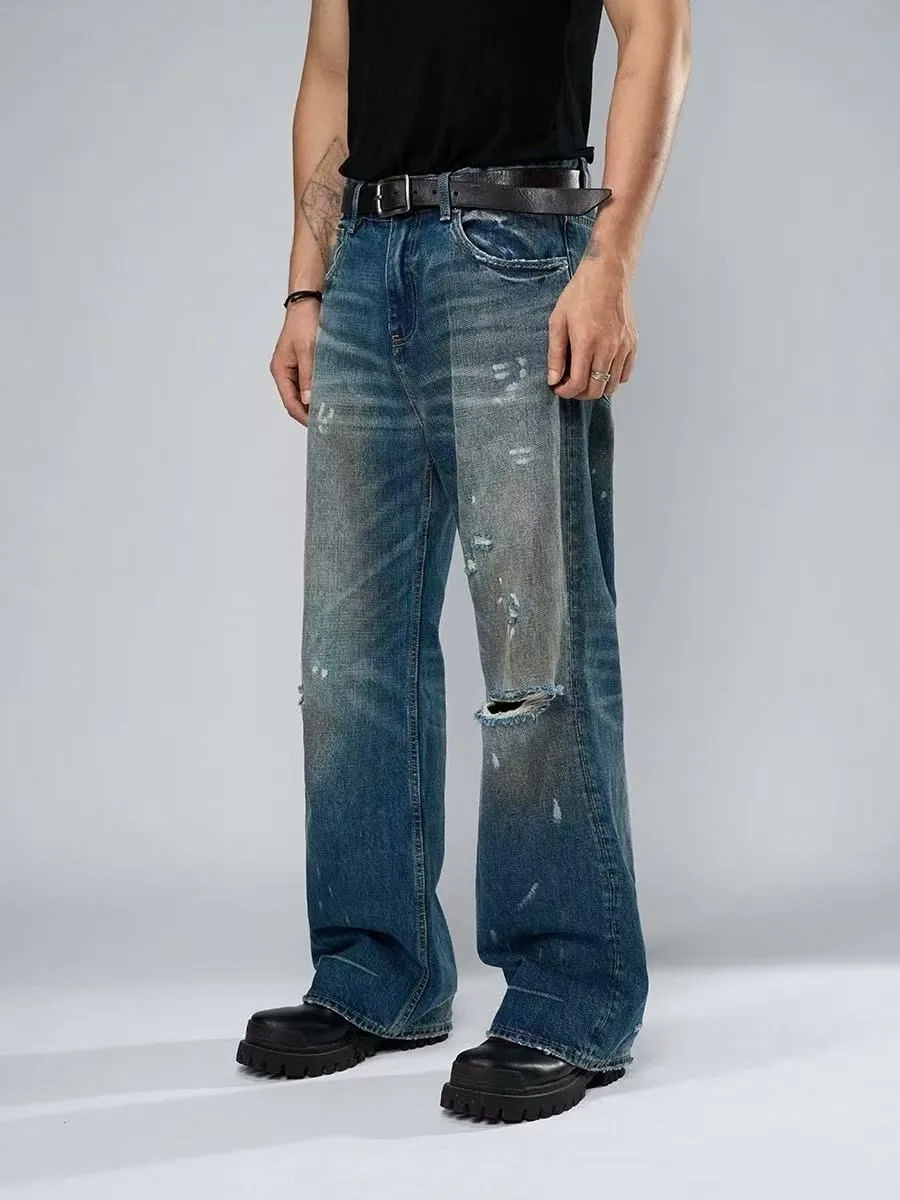 【HME】Men's Jeans | Men Micro Flare Relaxed Fit Denim Pants, Retro Destroyed Hole Fray‑Edge Denim Jeans, Elastic Waistband Male Denim Trousers, Classic Five‑Pocket Denim Bottoms, Roomy Denim Pants To Match Platform Boots & Work Shoes
