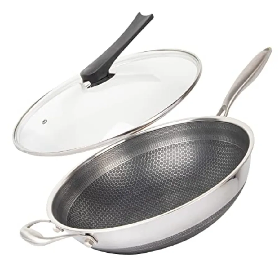 

14 Honeycomb Non Stick Wok Pan Stainless Steel Stir-fry Wok with Lid Skillet with Stay-cool Handle PFOA Free Suitable for Induc