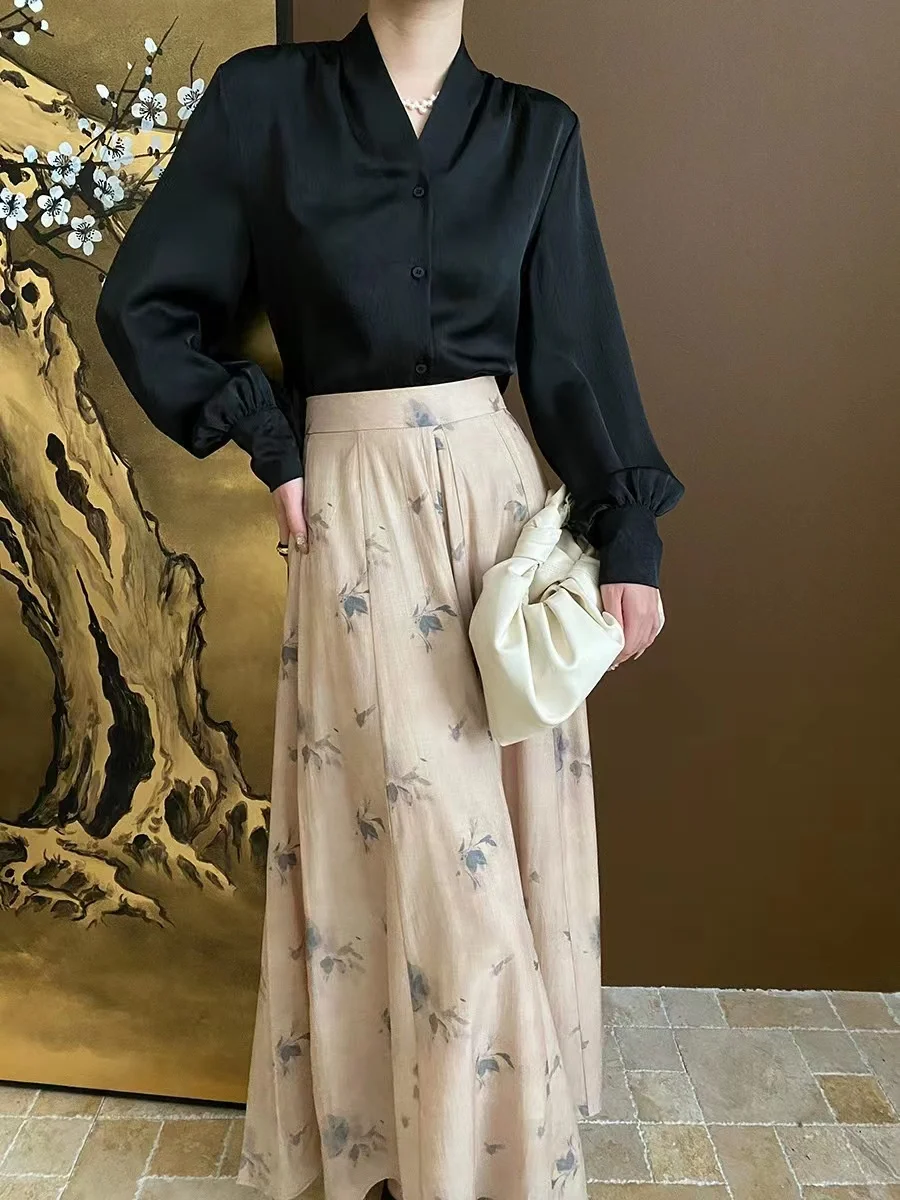 New Chinese Style Zen Style Ink Wash Painting With Floral Drapes Wide Leg Skirts And Pants Versatile In Early Spring