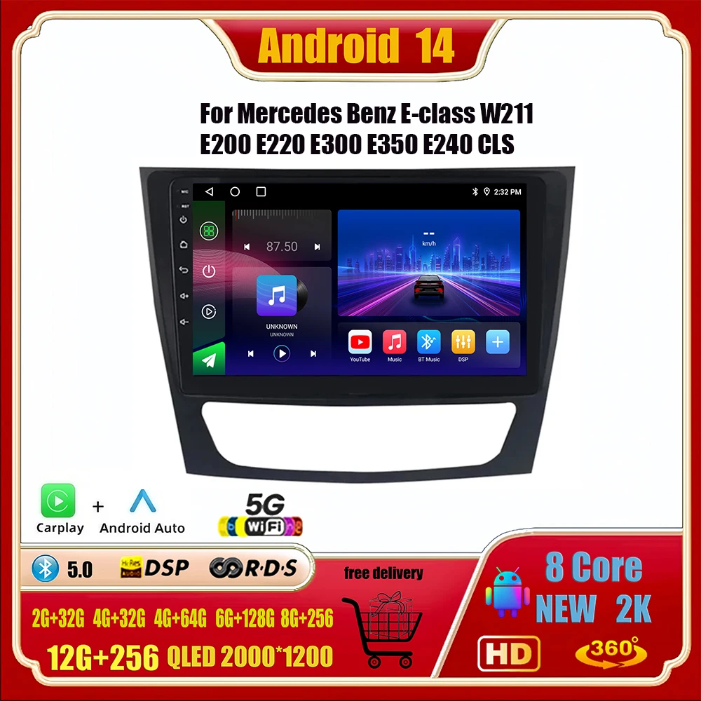

Для Mercedes Benz E-class E Class W211 E200 CLS 2002-2010 Автомагнитола Android 14, стерео GPS, мультимедиа, Carplay BT, головное устройство