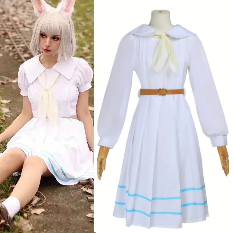 Women Haru Rabbit Short Sleeve Dress with Headwear Socks Anime Beastars Cosplay Costume White Sailor Uniform Halloween Carnival view 2