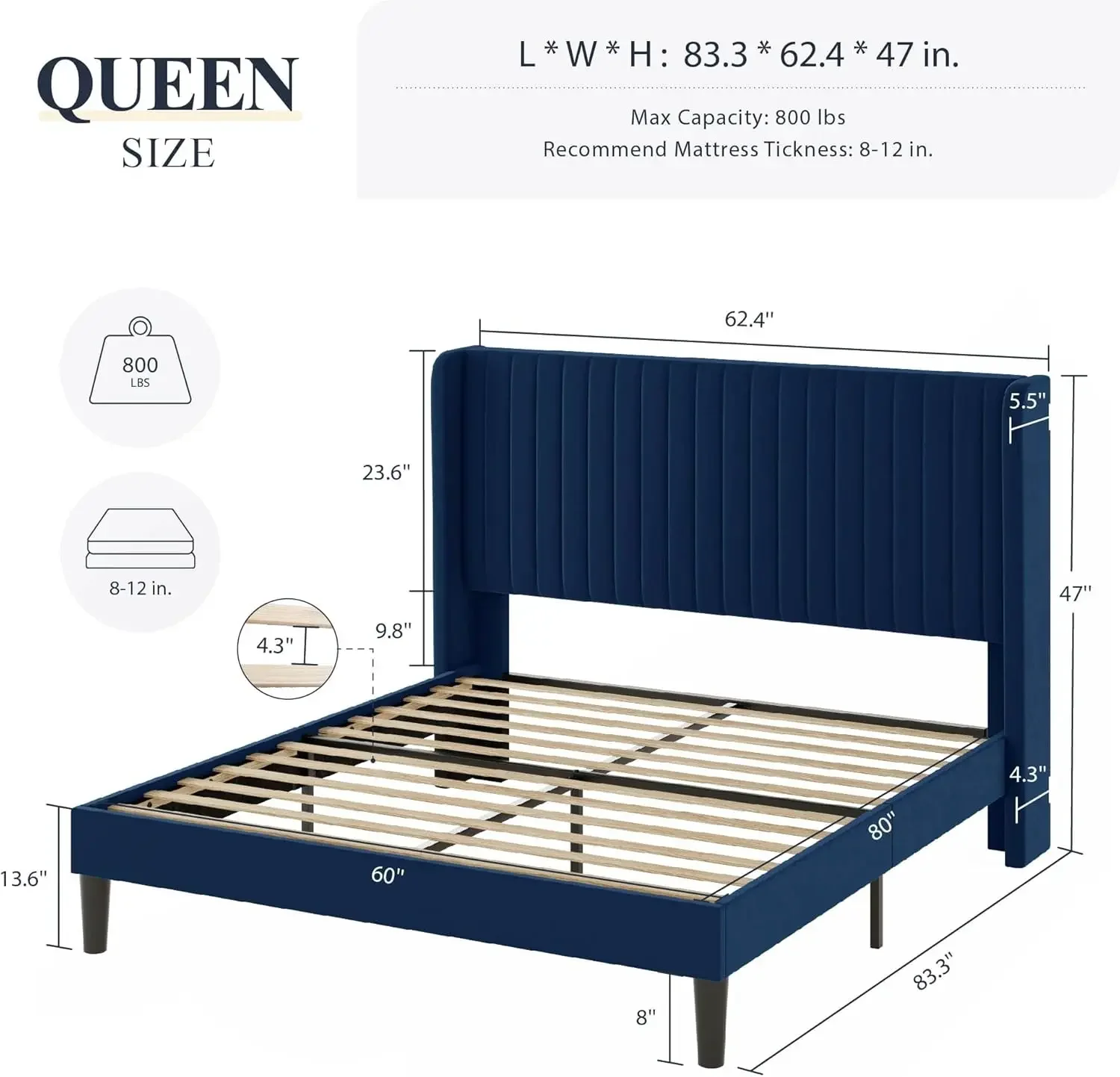 Queen Size Velvet Bed Frame/Vertical Channel Tufted Wingback Headboard/Upholstered Platform Bed/Strong Wooden Slats/No Box Sprin