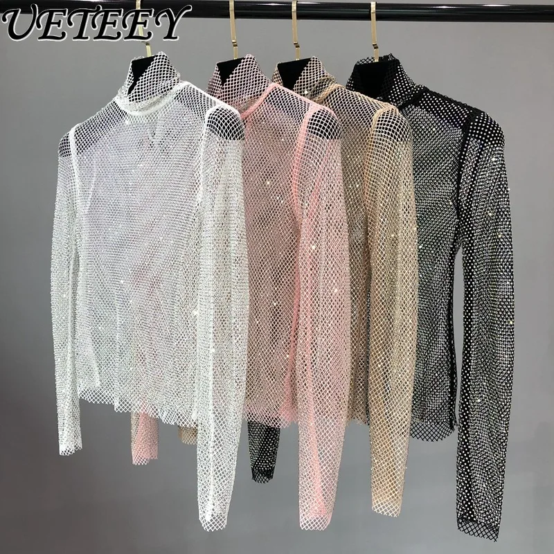 

Fall and Winter Mesh Sexy Cutout Rhinestone T-shirt Top Nightclub Shiny Turtleneck See-through Long-Sleeve Bottoming Shirt Women