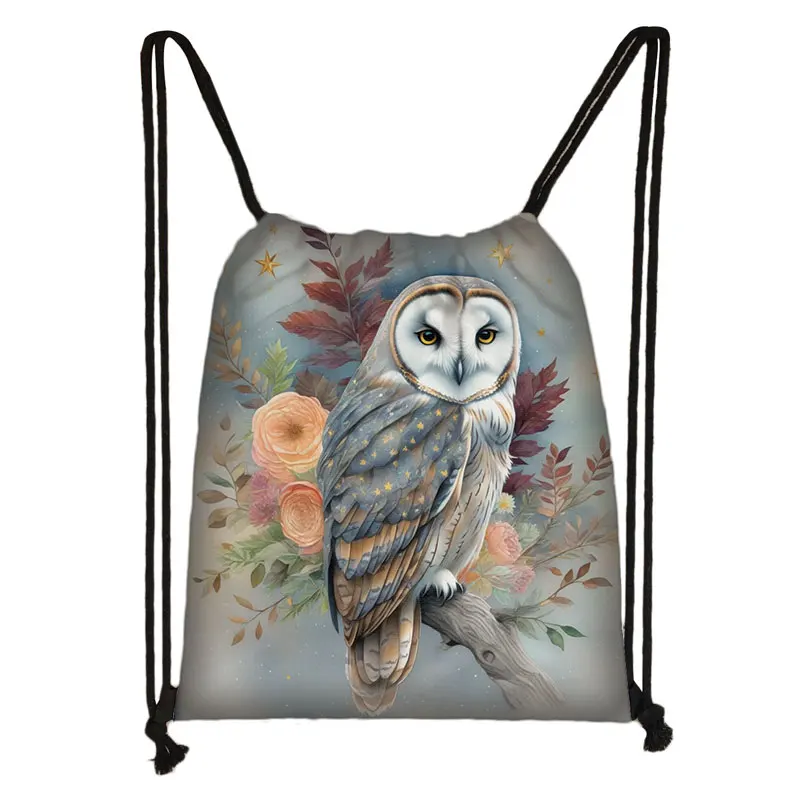 Colorful Owl Print Drawstring Bag Cartoon Great Horned Owl Backpacks Women Storage Bag for Travel White Owl Shoes Holder